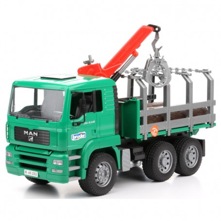 Ciężarówka MAN do przewozu drzewa z żurawiem i pniami Zabawka Bruder 02769