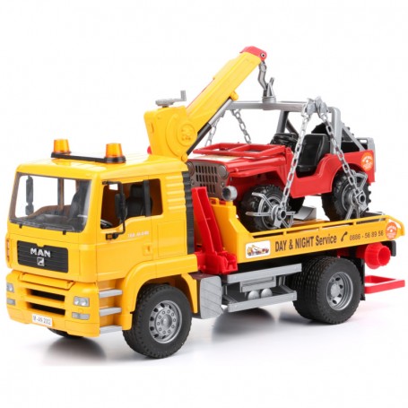 Ciężarówka MAN TGA Pomoc drogowa z jeepem Zabawka Bruder 02750